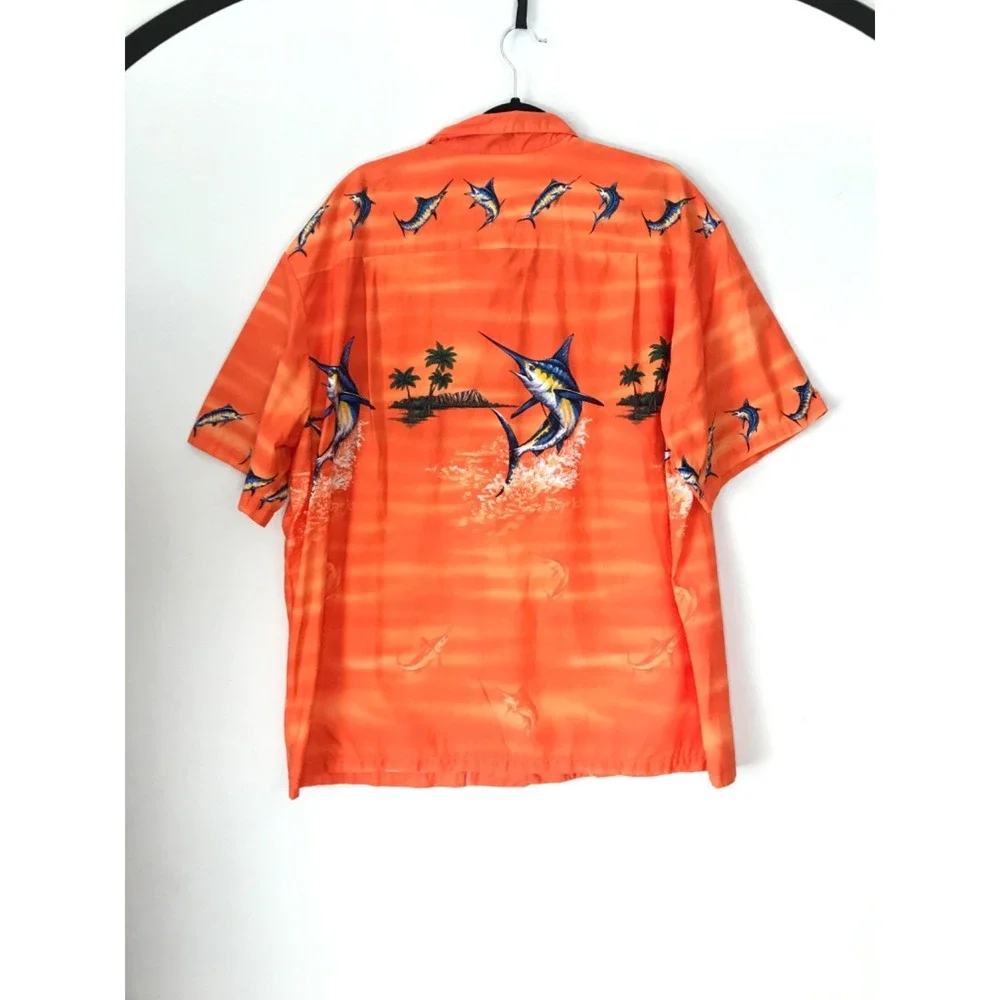 Vintage KY'S Hawaiian Button Up Shirt Mens 2XL Orange Marlin Fish Aloha Tiki USA
